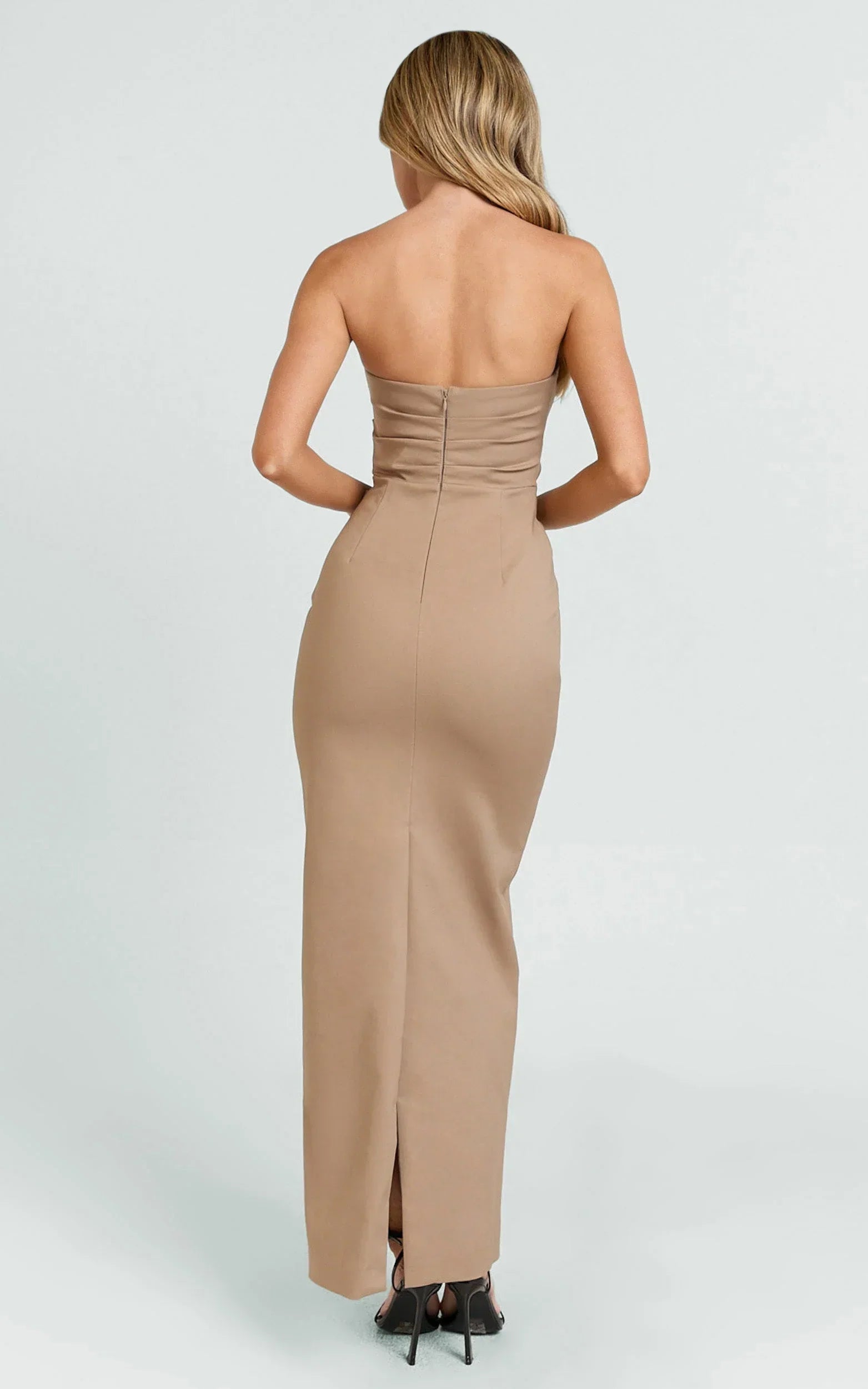 Jamie Midi Dress - Strapless Ruched Fitted Column Dress in Mocha