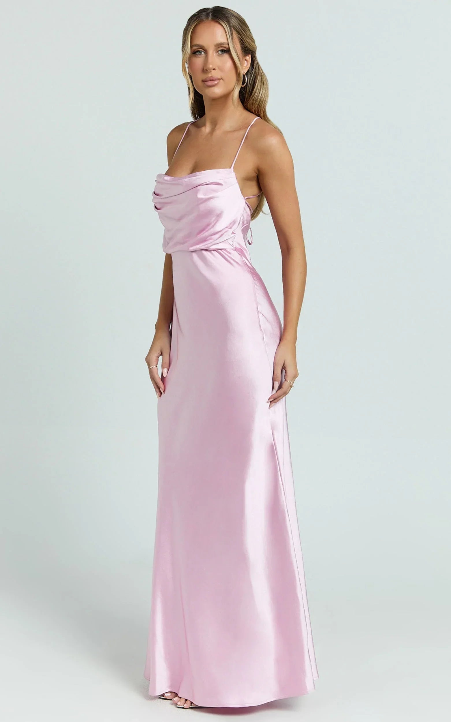 Hanna Maxi Dress - Satin Cowl Neck Low Back Dress in Pink