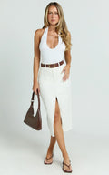 Janeve Midi Skirt - Front Split Denim Skirt in Ecru