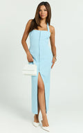Emkate Midi Dress - Straight Neck Halter Neck Fitted Hook And Eye Front Dress in Blue