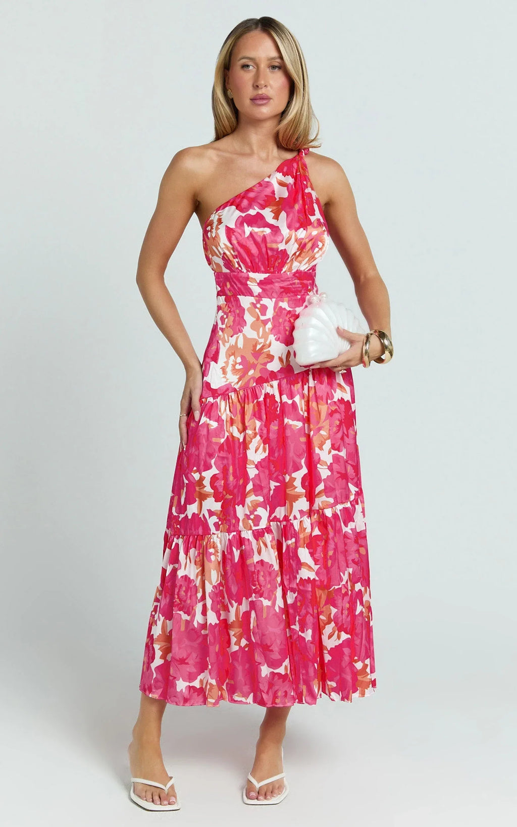 Georgine Midi Dress - One Shoulder Ruched Tiered Dress in Peony Blossom