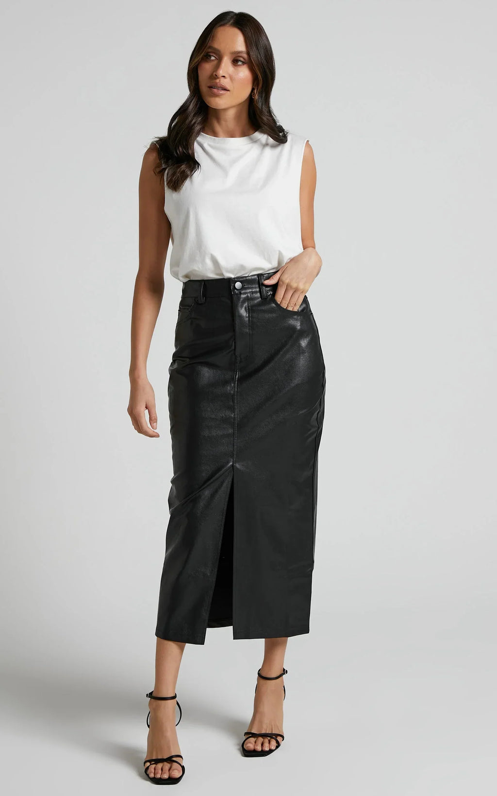 Jules Midi Skirt - Faux Leather High Waisted Front Split Midi Skirt in Black