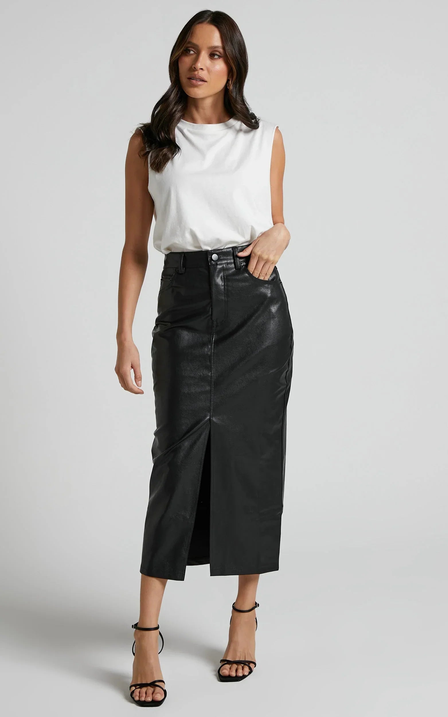 Jules Midi Skirt - Faux Leather High Waisted Front Split Midi Skirt in Black
