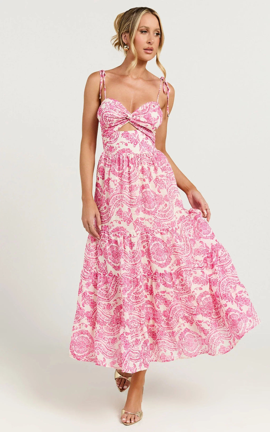 Esmeralda Midi Dress - Strappy Cut Out Tiered Dress in Pink Floral