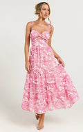 Esmeralda Midi Dress - Strappy Cut Out Tiered Dress in Pink Floral