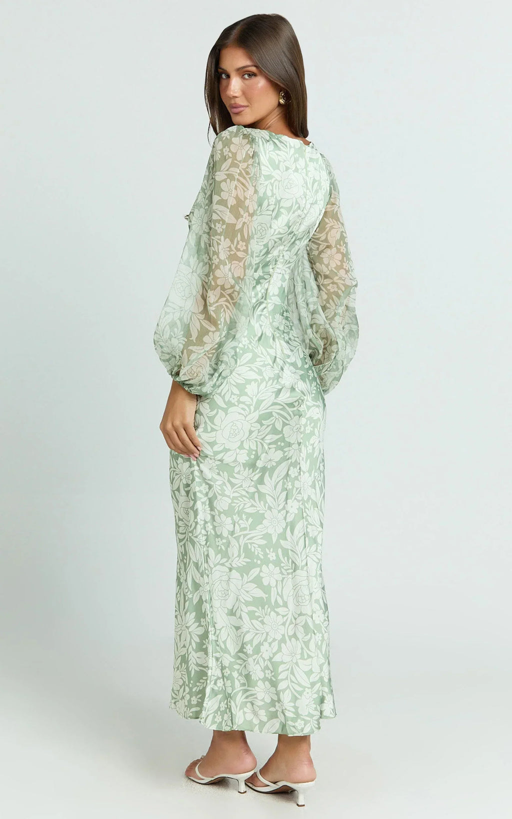 Freollyn Midi Dress - Deep V Neck Long Sleeve Dress in Sage
