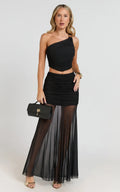 Bindi Maxi Skirt - Asymmetric Contrast Jersey Leg Split Skirt in Black