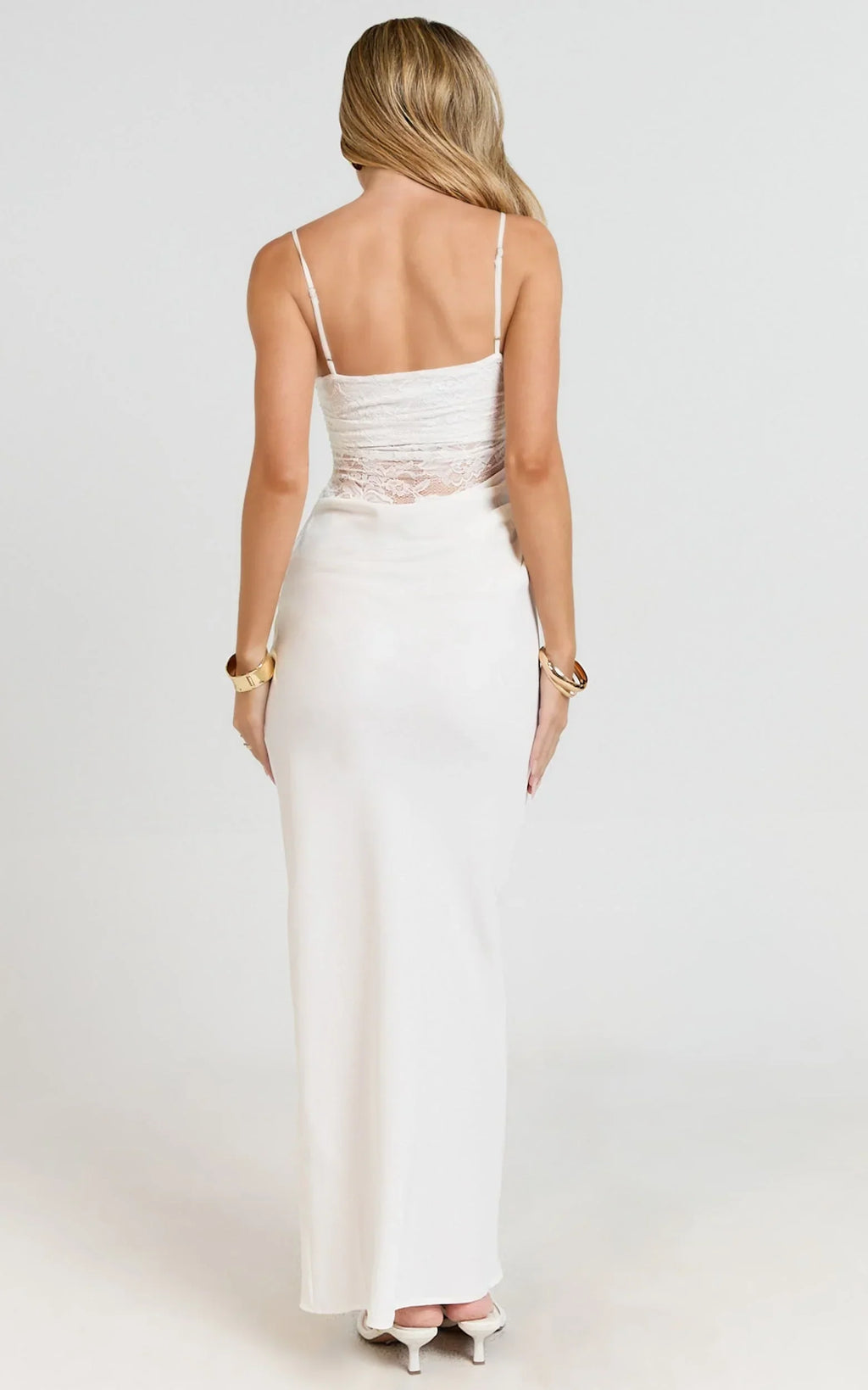 Rania Maxi Dress - Contrast Lace Bodice Bias Cowl Drop Waist Dress in Cream
