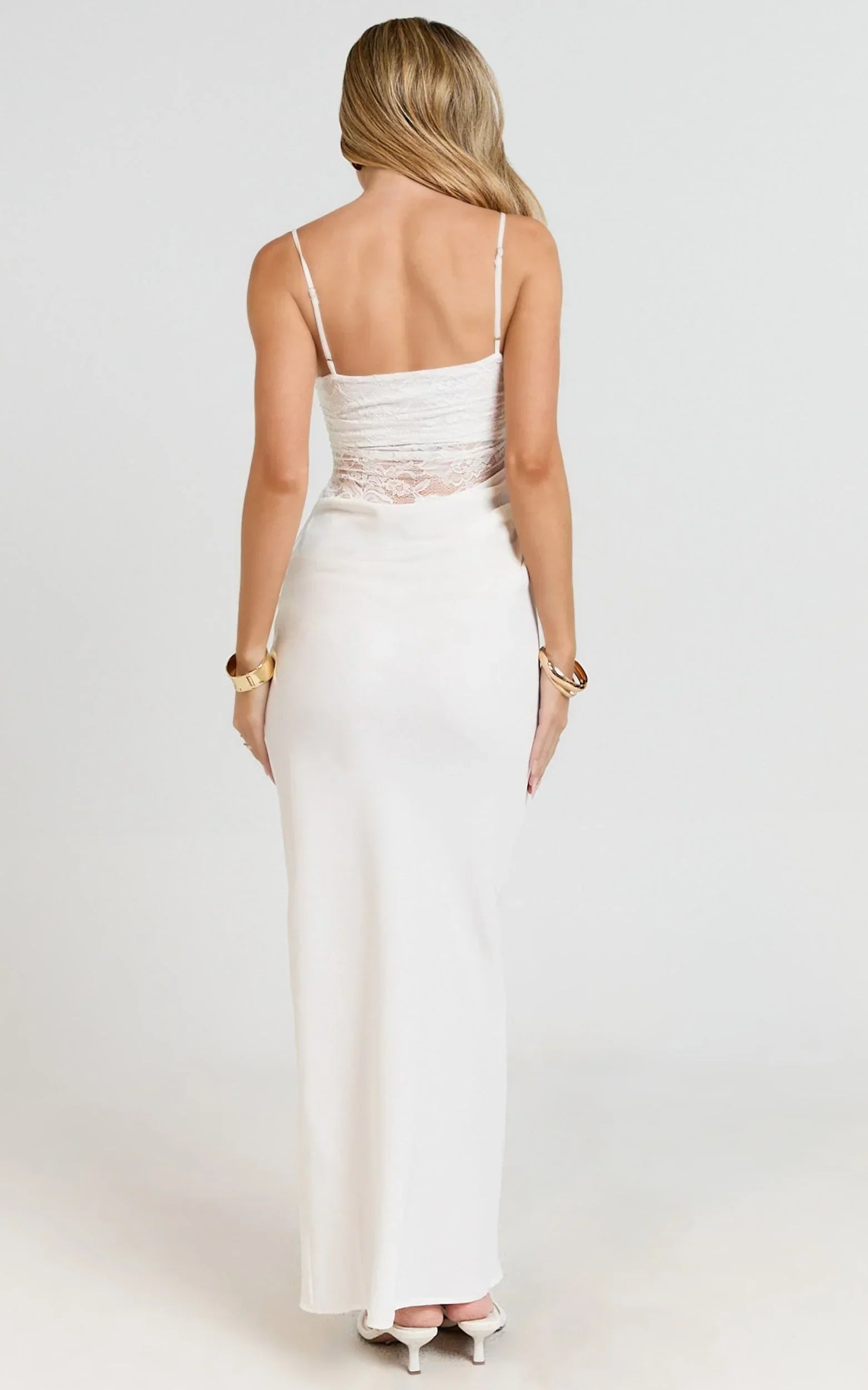 Rania Maxi Dress - Contrast Lace Bodice Bias Cowl Drop Waist Dress in Cream