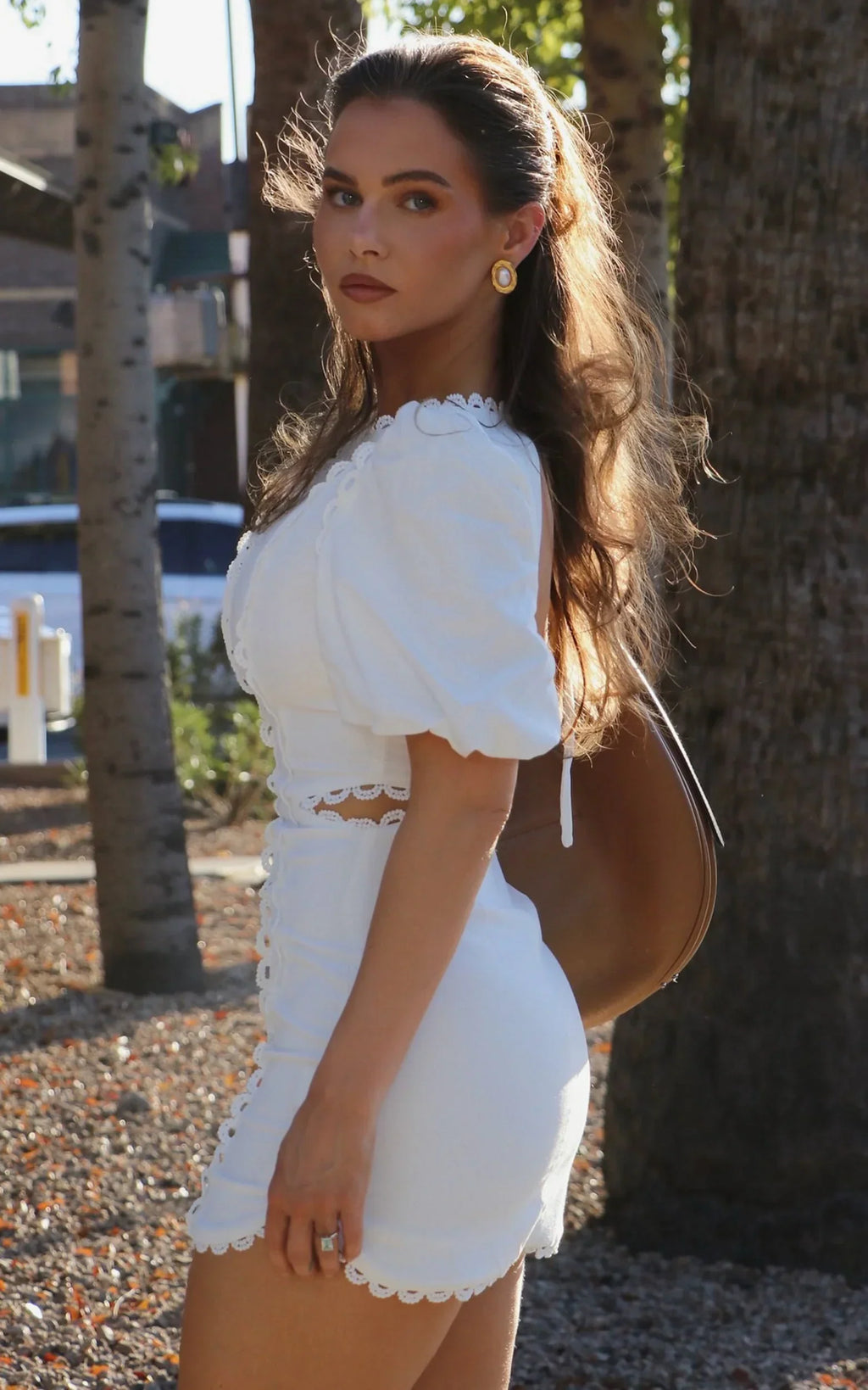 Laila Mini Linen Blend Dress - High Neck Side Cut Out Puff Sleeve Straight Dress in Off White