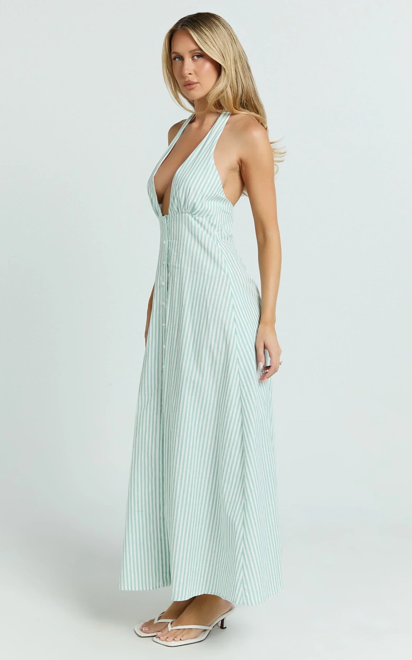 Jeienn Midi Dress - Line Placket Front Skirt Dress in Mint Stripe