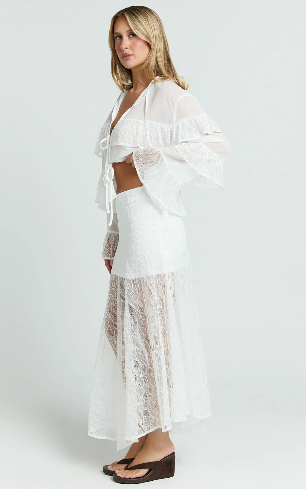 Safiya Maxi Skirt - Mid Waist Lace Skirt With Slip in White