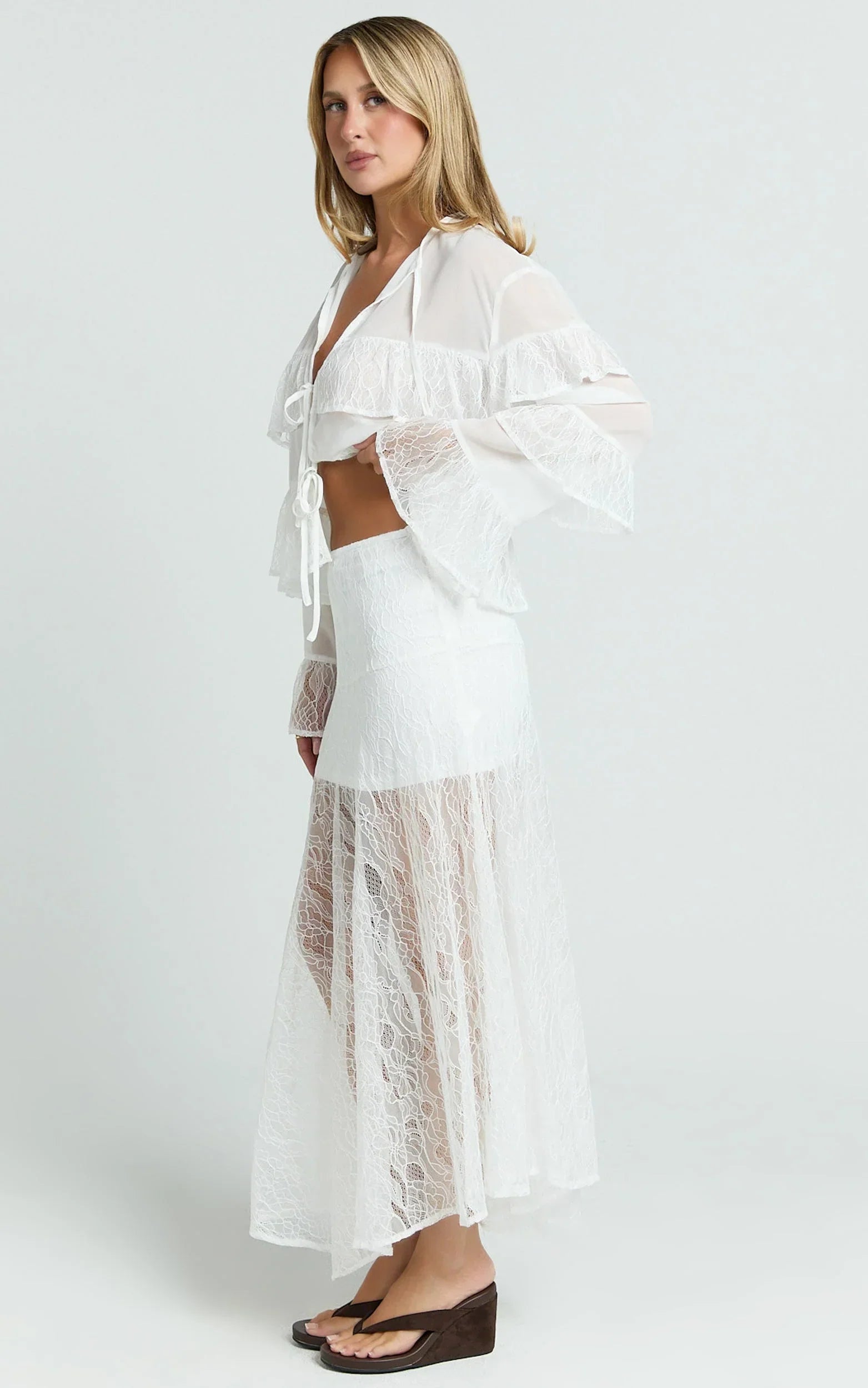 Safiya Maxi Skirt - Mid Waist Lace Skirt With Slip in White