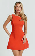 Freddie Mini Dress - Boat Neck Fit and Flare Dress in Orange