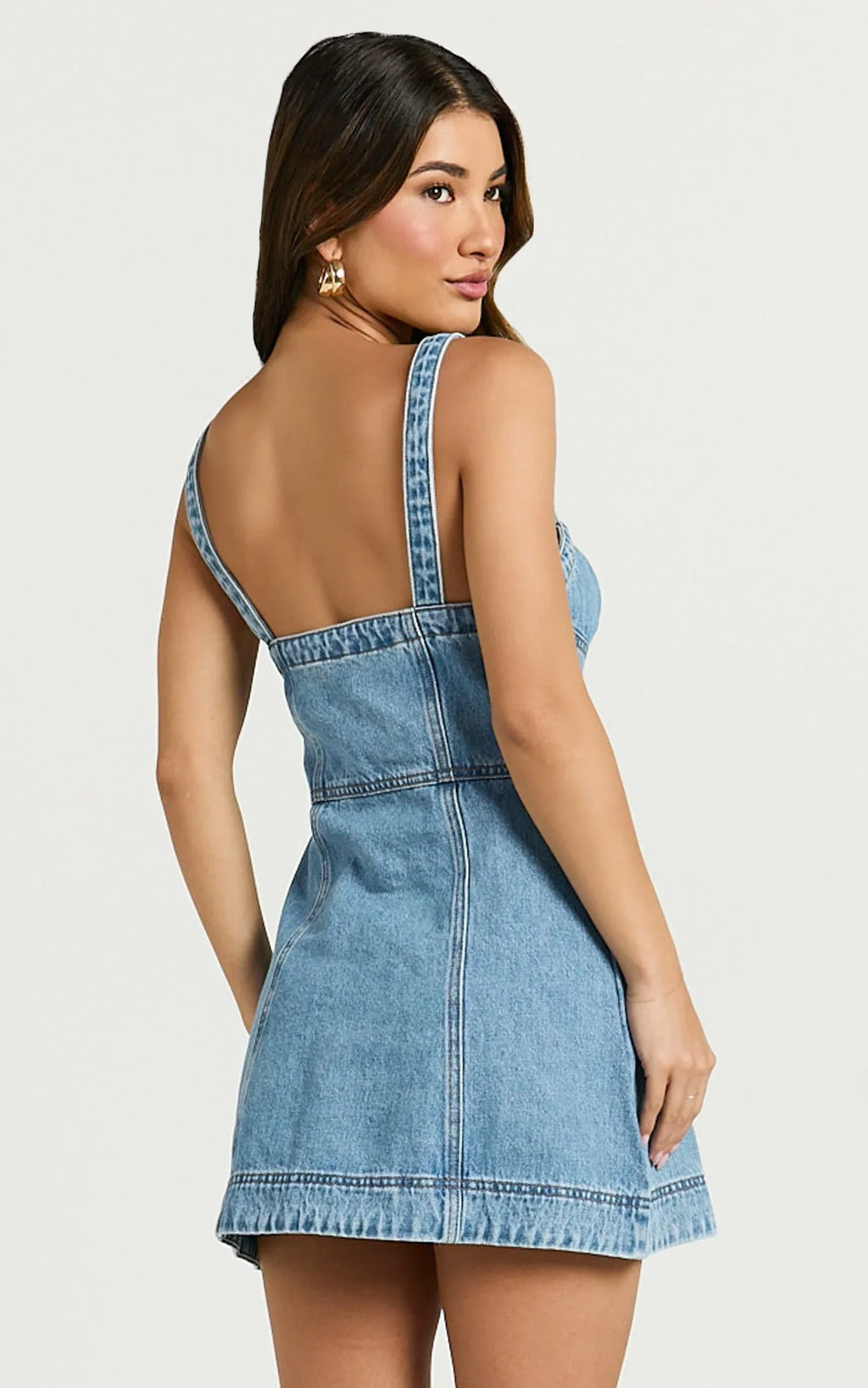 Alena Mini Dress - Sweetheart Button Down Sleeveless Bodycon Denim Dress in Mid Blue Wash