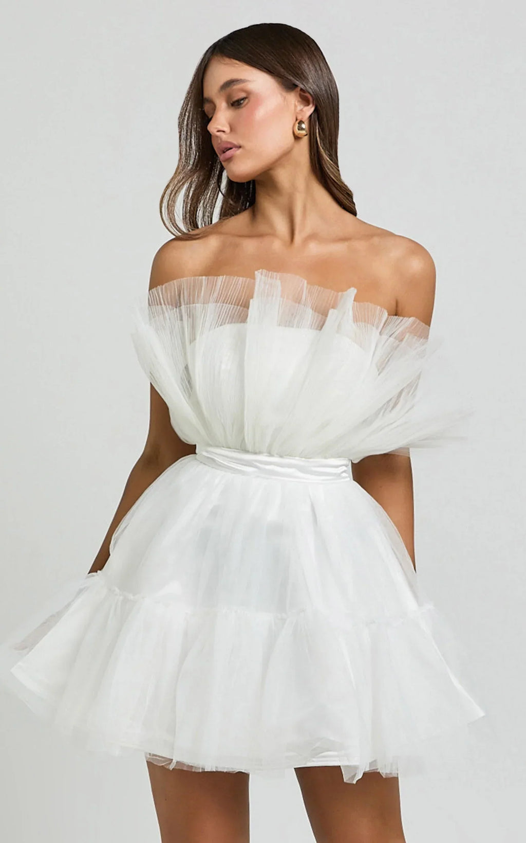Amalya Mini Dress - Tiered Tulle Fit and Flare Dress in White