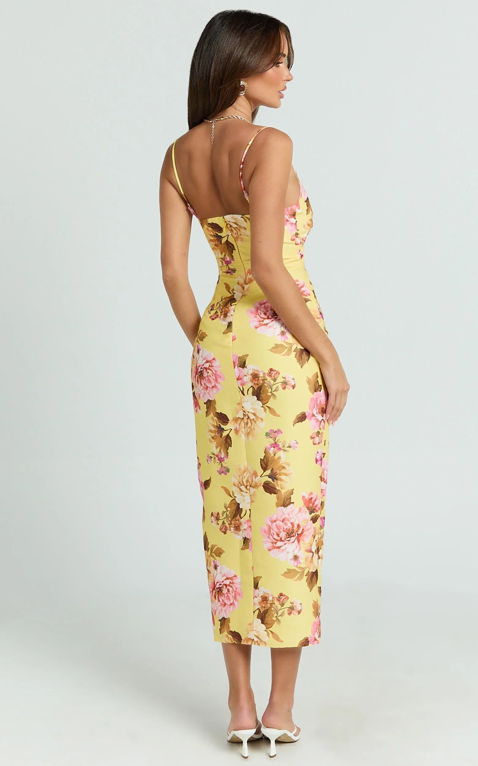 Janice Midi Dress - Knot Detail Front Split Dress in Sunshine Floral