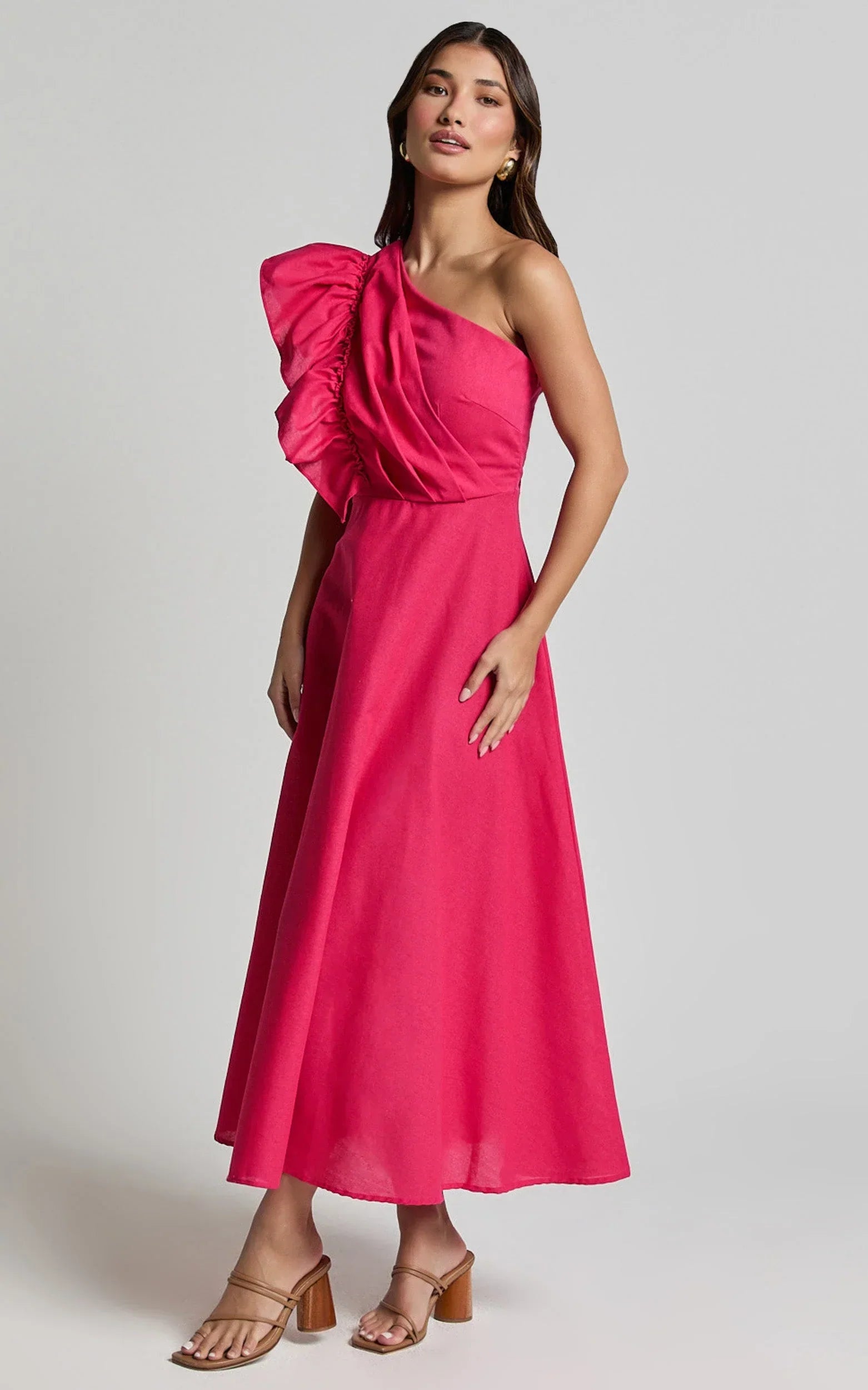 Dixie Midi Dress - Linen Look One Shoulder Ruffle Dress in Raspberry