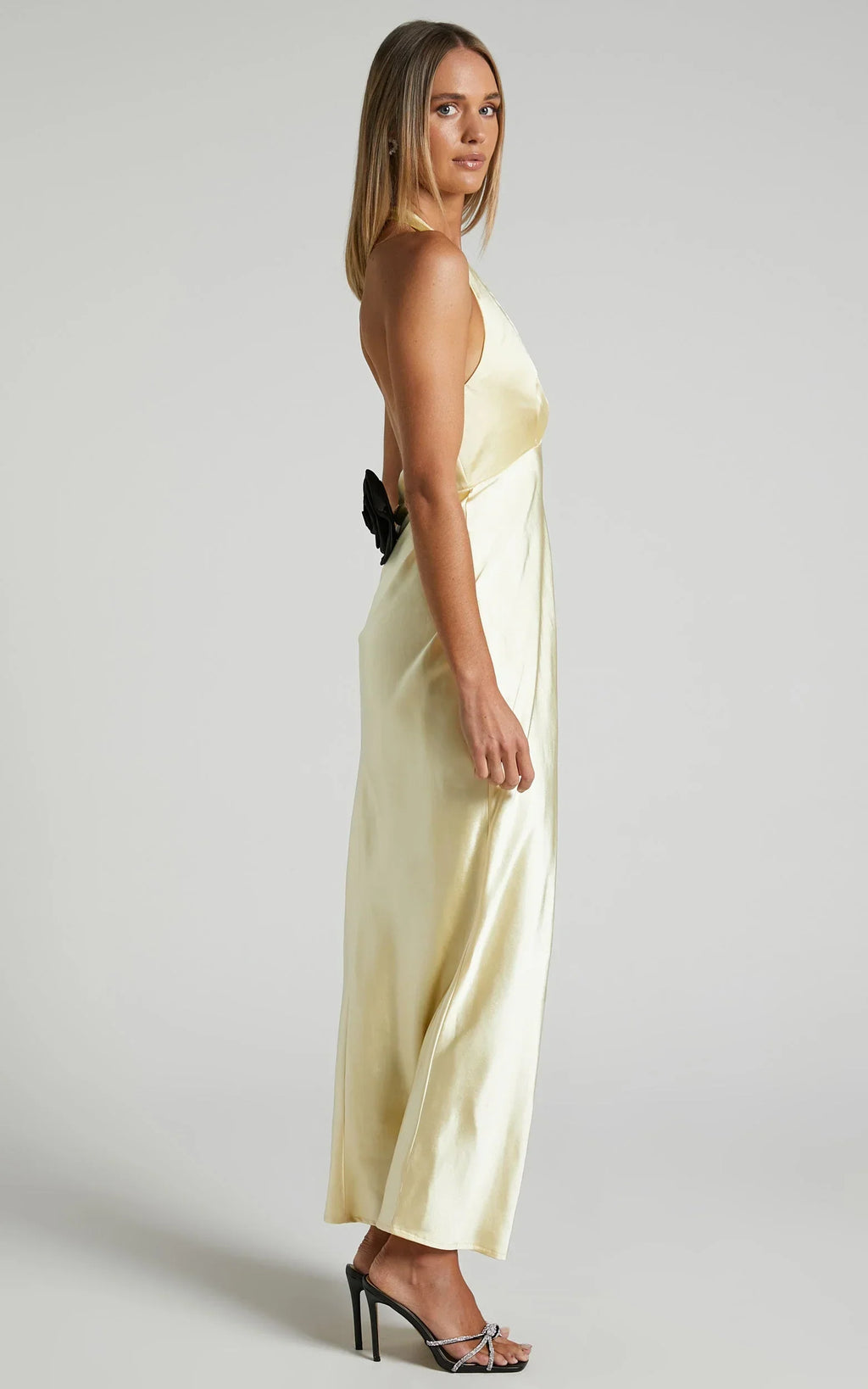 Prima Maxi Dress - Plunge Satin Dress in Butter Yellow