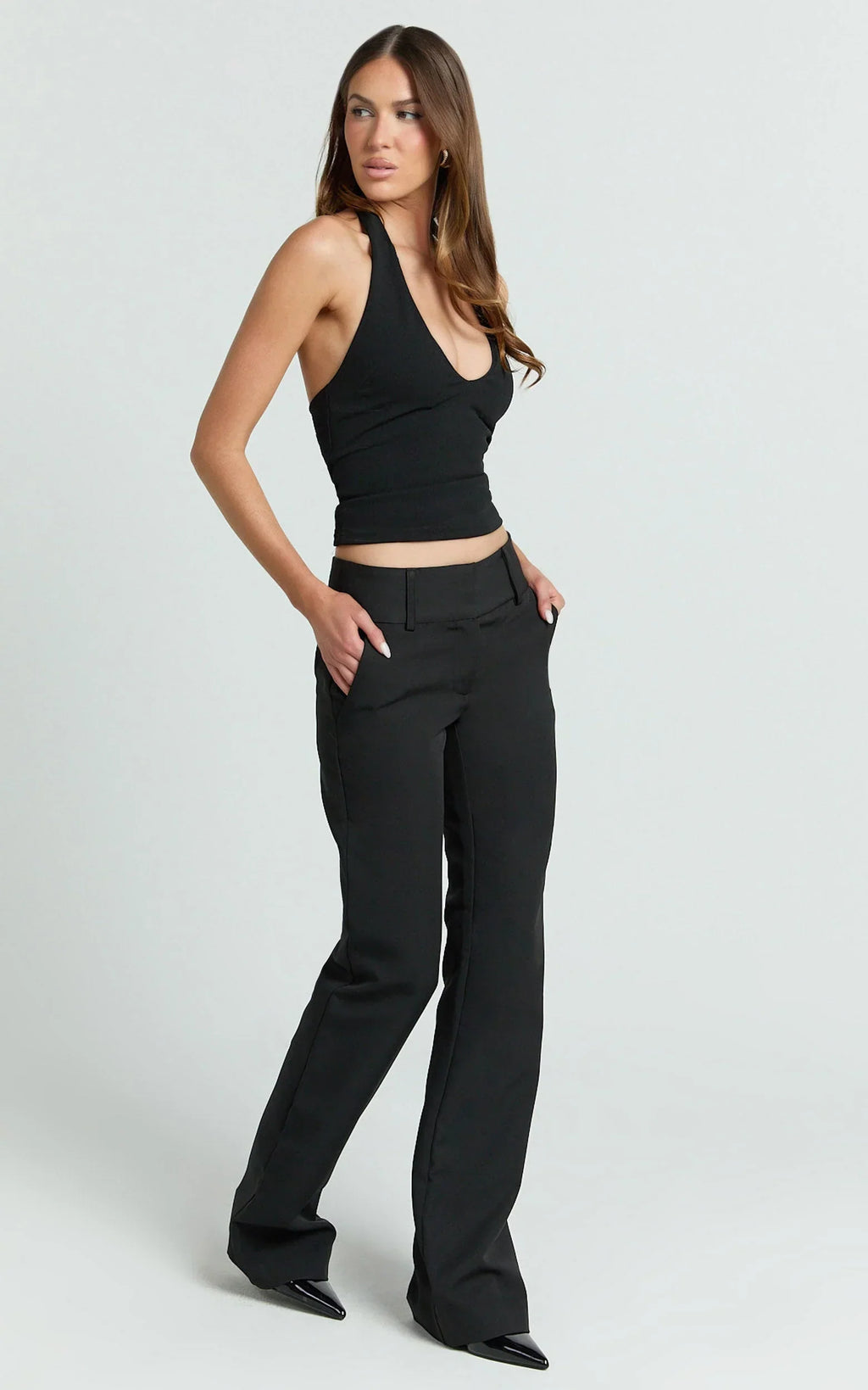 Elliot Pants - Mid Rise Pinstripe Bootleg Pants in Black