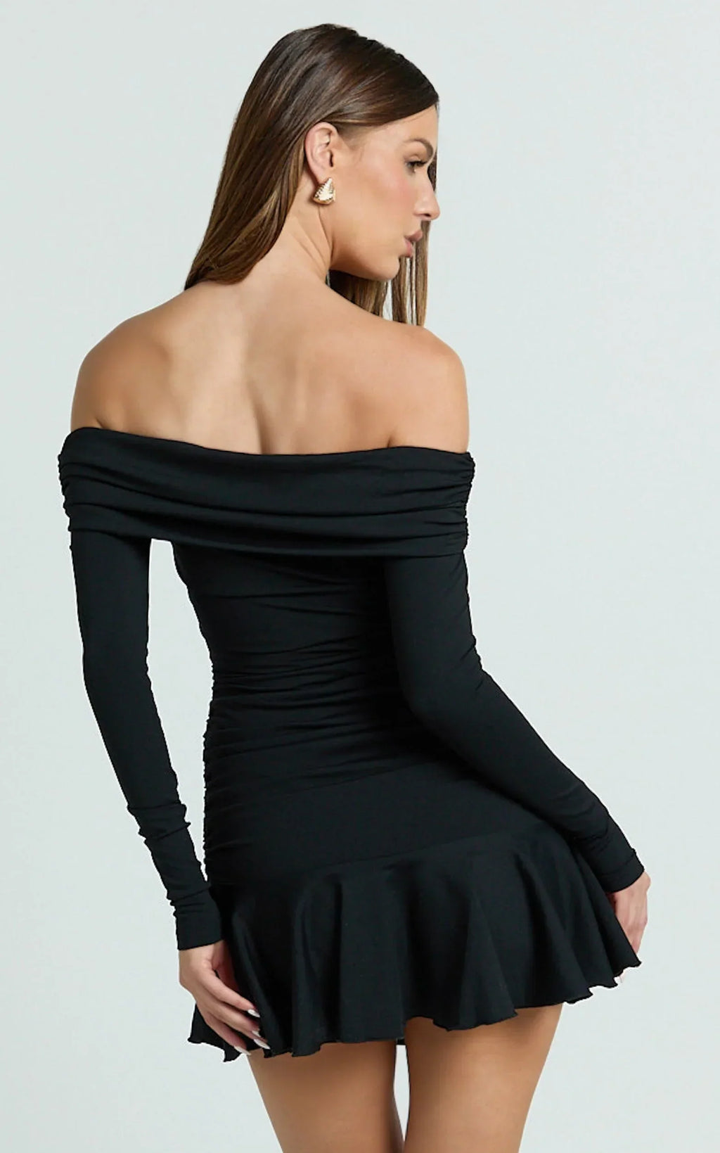 Ophelia Mini Dress - Off Shoulder Flip Skirt Jersey Ruched Dress in Black