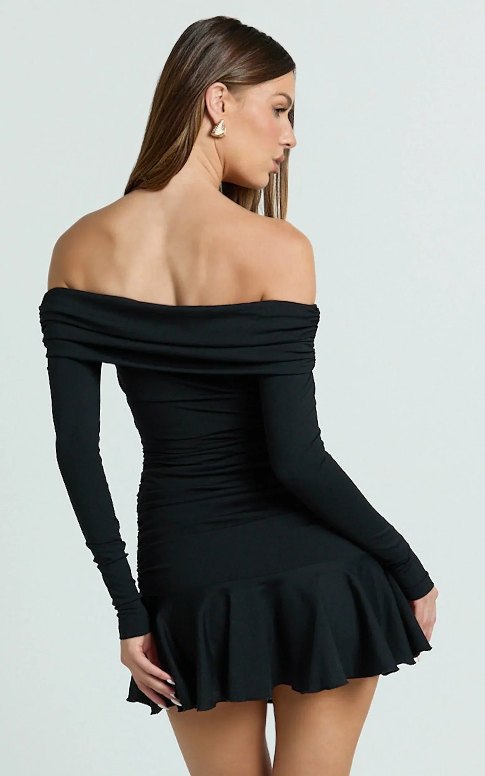 Ophelia Mini Dress - Off Shoulder Flip Skirt Jersey Ruched Dress in Black