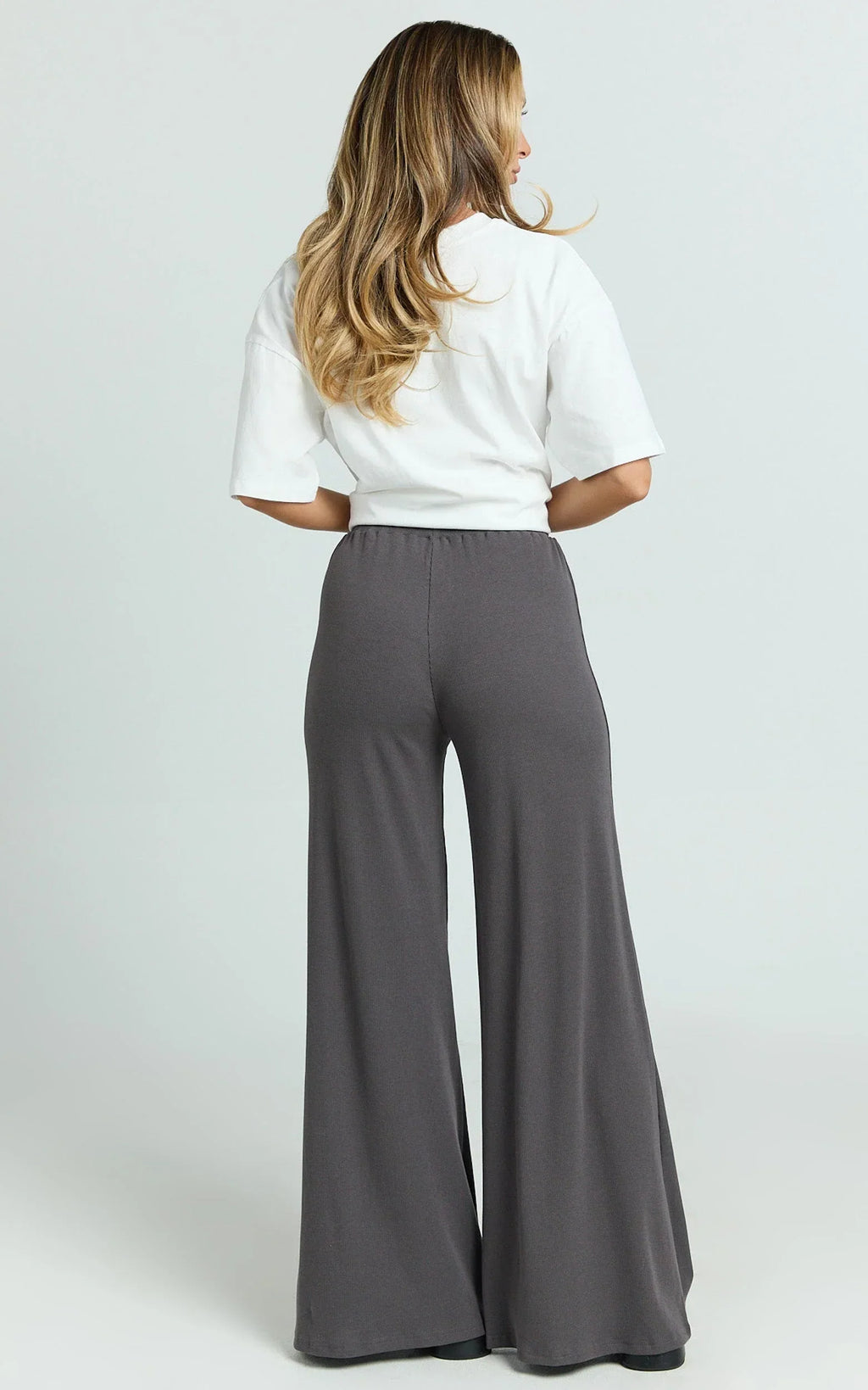 Amalthea Pants - High Waisted Jersey Rib Wide Leg Pants in Charcoal