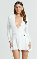 Cannes Mini Dress - Jersey Wrap Hardware Detail Flounce Skirt Dress in Off White