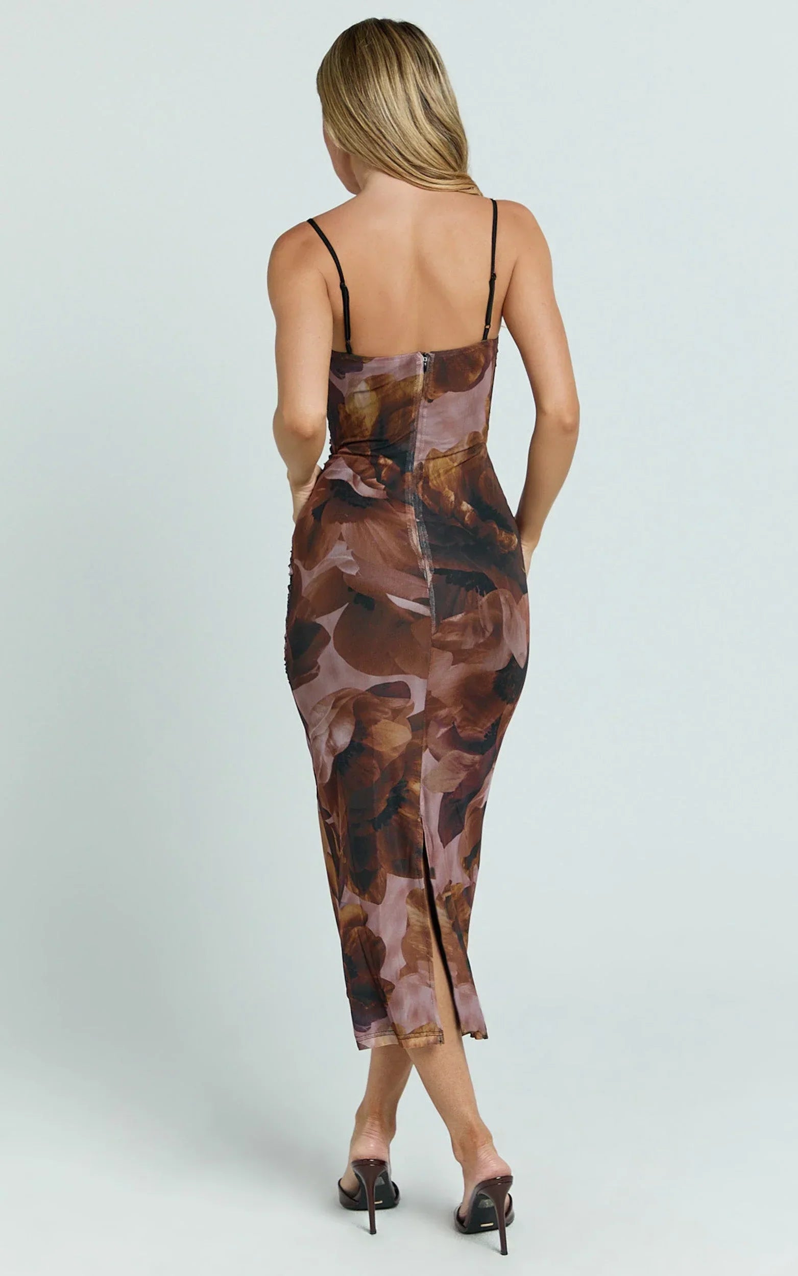 Rosalez Midi Dress - Strappy Ruched Bodycon Dress in Ember Floral