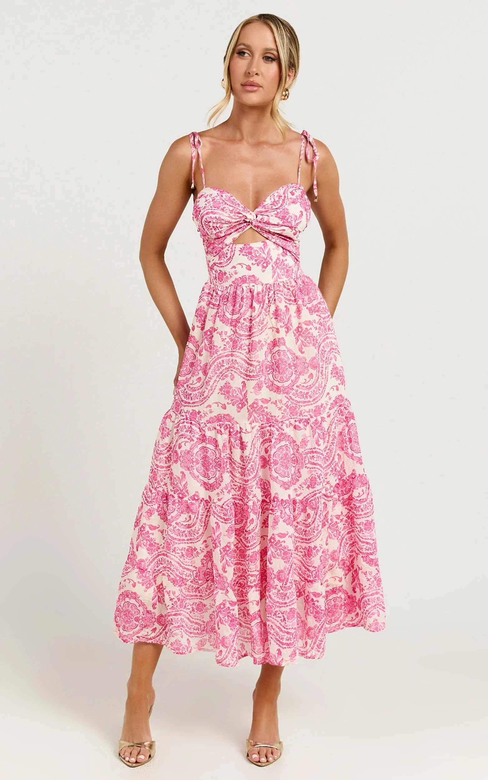 Esmeralda Midi Dress - Strappy Cut Out Tiered Dress in Pink Floral