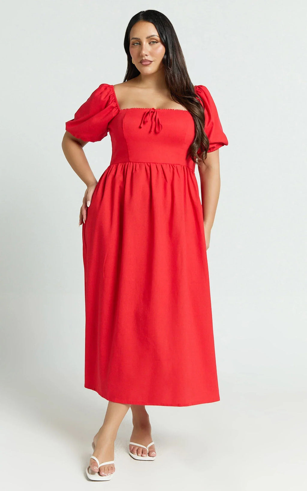 Quinn Midi Linen Blend Dress - Puff Sleeve Square Neck Dress in Red