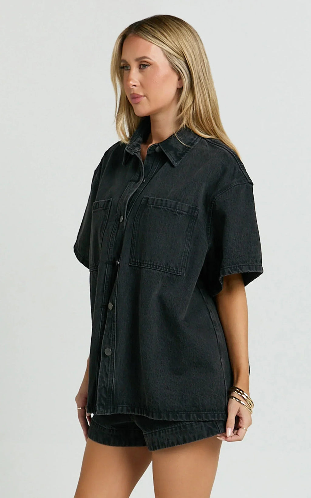 Rhianna Top - Oversized Recycled Denim Short Sleeve Shirt in Washed Black