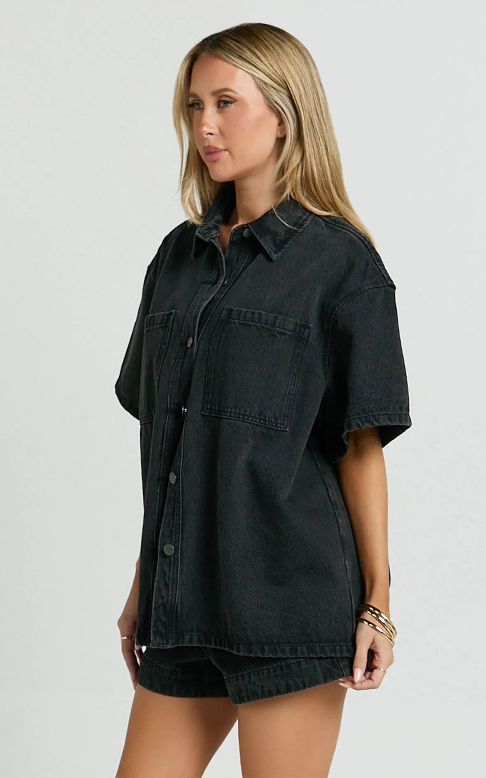 Rhianna Top - Oversized Recycled Denim Short Sleeve Shirt in Washed Black