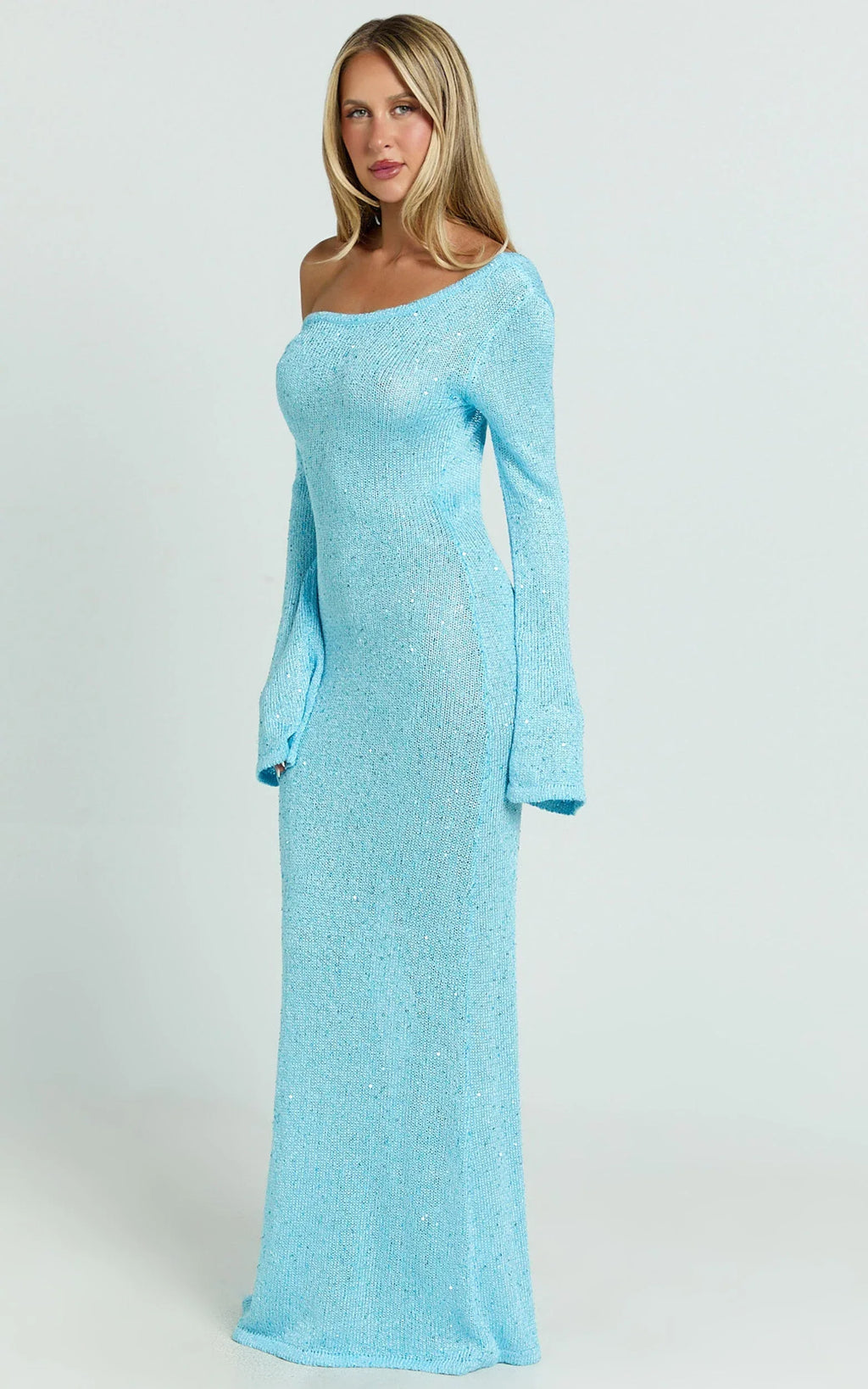 Inez Maxi Dress - High Neck Long Sleeve Scoop Back Sequin Open Knit Column Dress in Light Blue