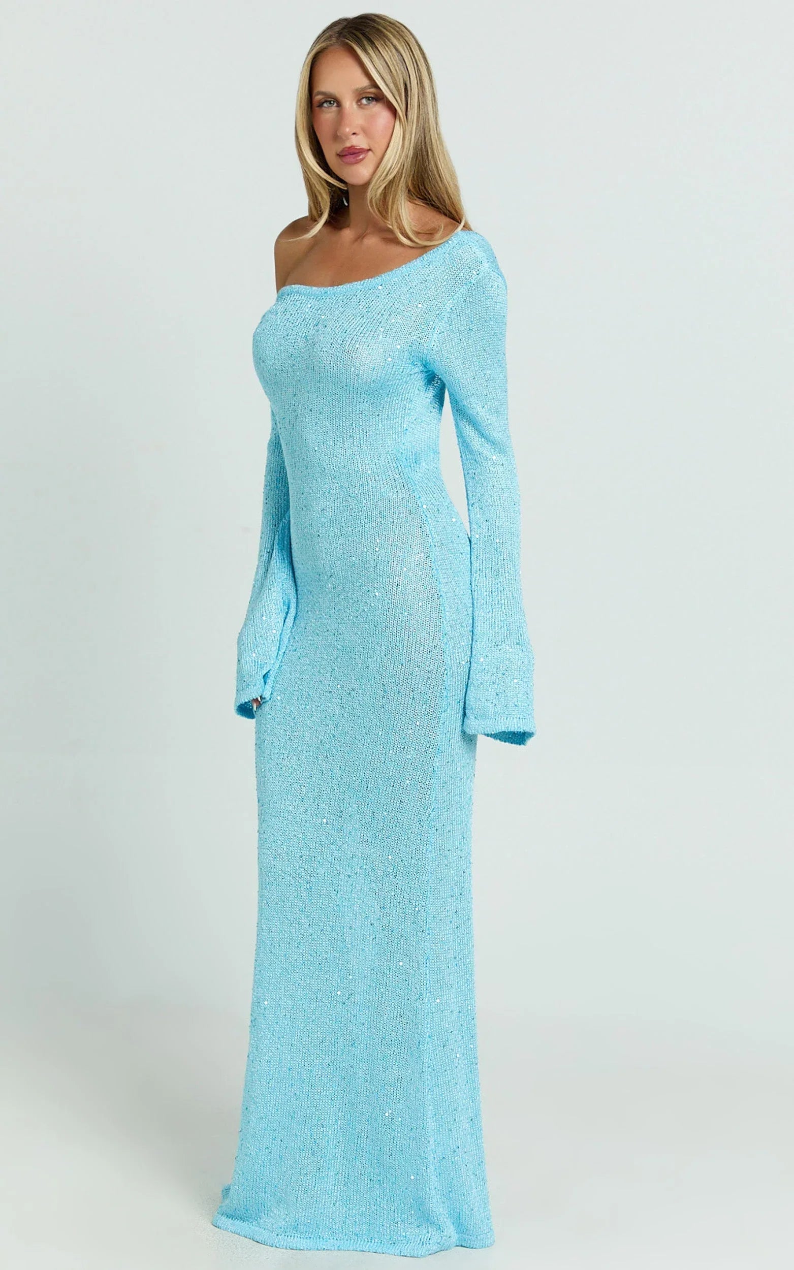 Inez Maxi Dress - High Neck Long Sleeve Scoop Back Sequin Open Knit Column Dress in Light Blue