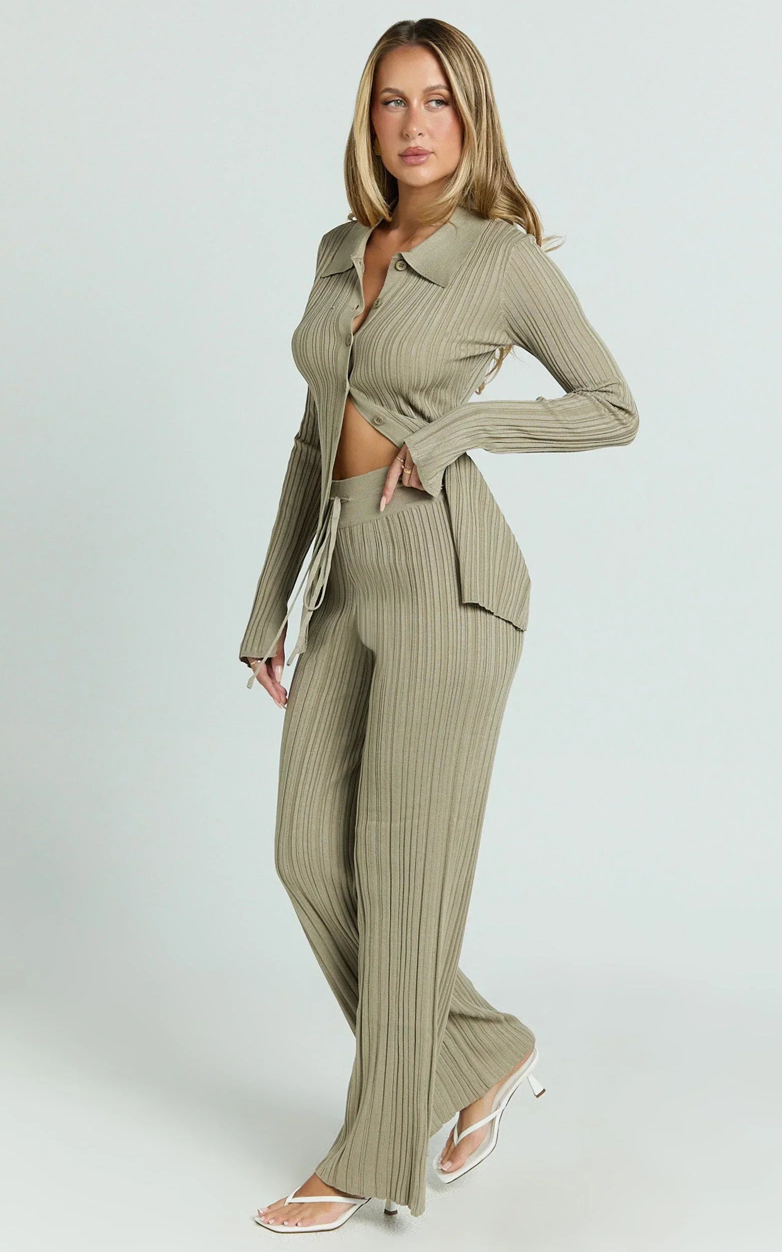 Kelsey Pants - High Drawstring Waist Knit Pants in Taupe