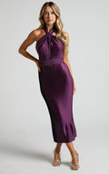 Marlette Midi Dress - Pleated Open Back Halter Dress in Aubergine