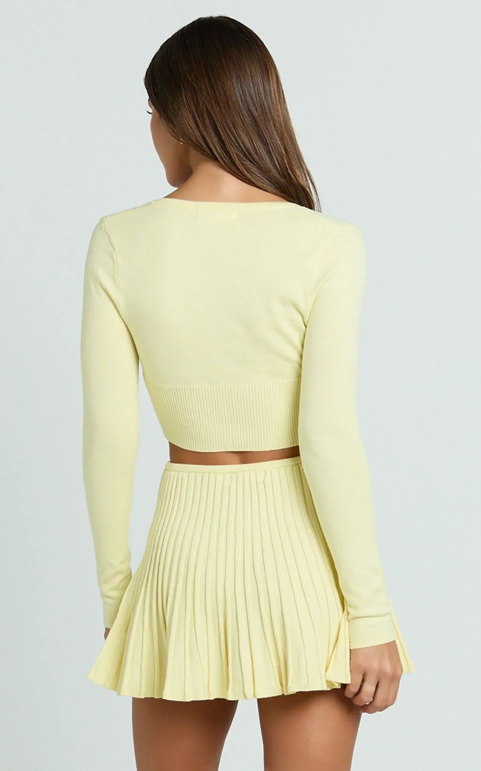 Naomi Two Piece Set - Contrast Knit Button Up Long Sleeve And Pleated Mini Skirt in Lemon