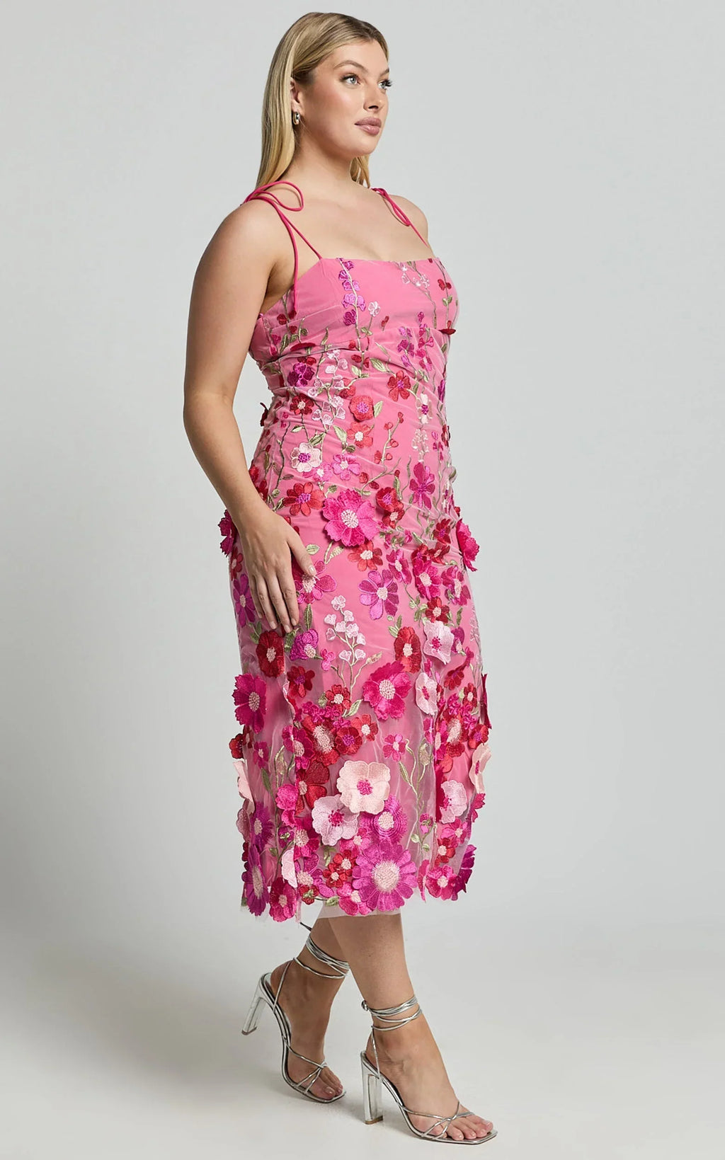 Jamich Midi Dress - Straight Neck Tie Strap Pencil Dress in Magenta