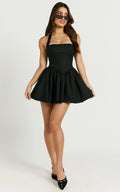 Helda Mini Dress - Halter Tie Neck Corset Panel Dress in Black