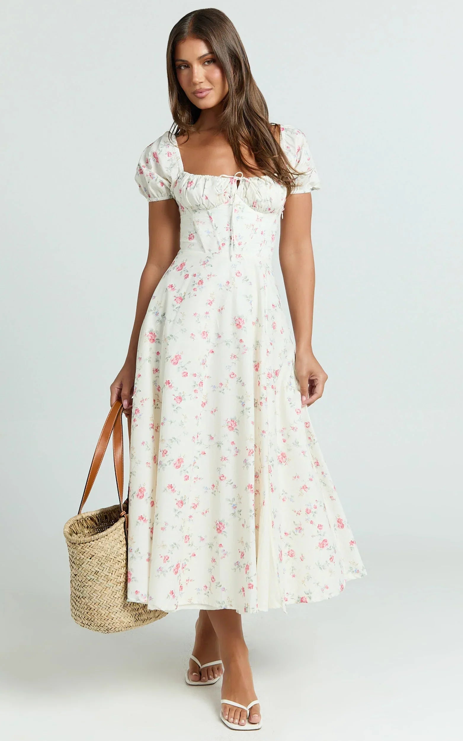 Imani Midi Dress - Puff Sleeve Square Neck Circle Skirt Dress in Cream