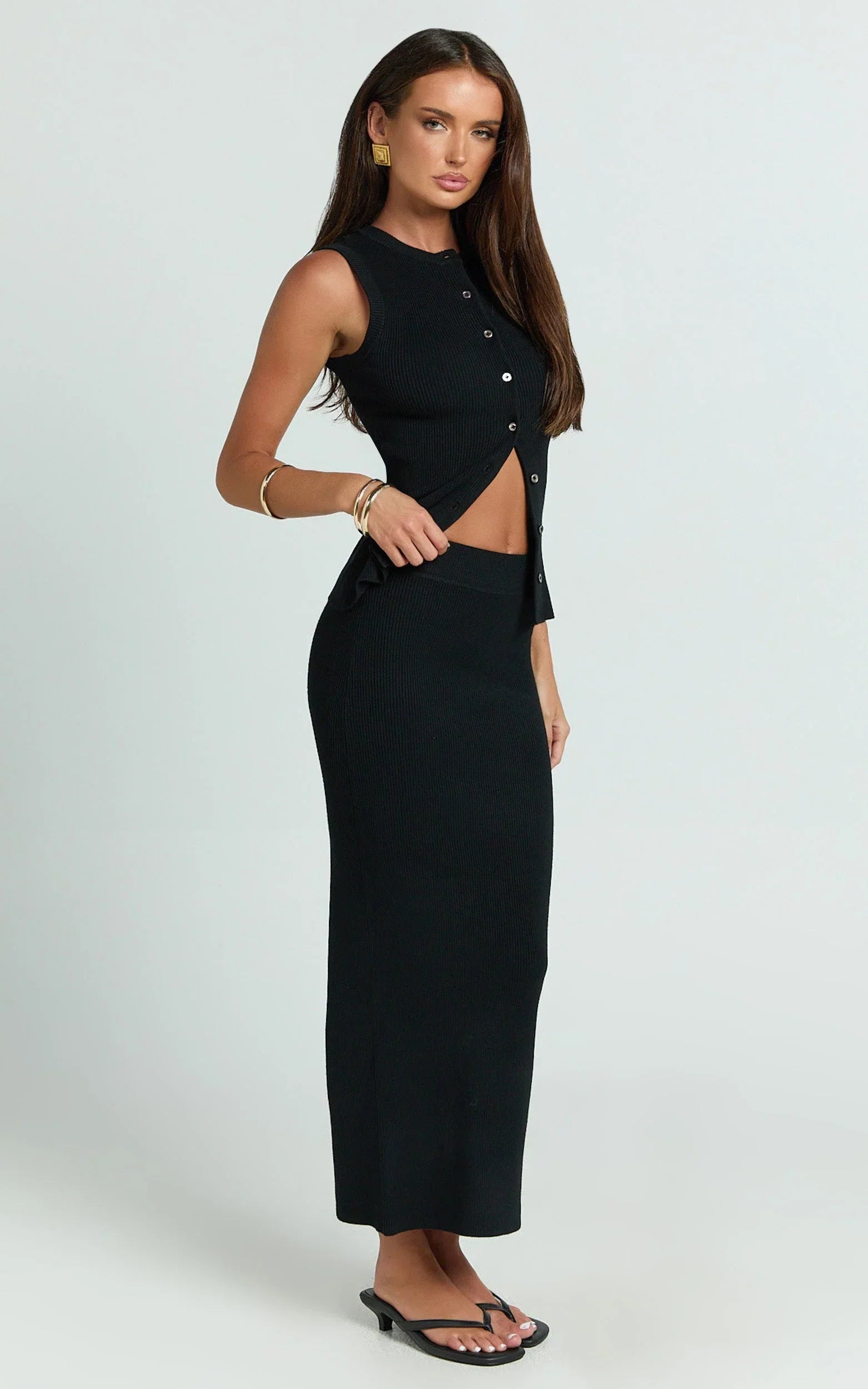 Halle Midi Skirt - High Waist Bodycon Knit Midi Skirt in Black