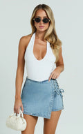 Ronnie Skort - Mid Waist Lace Up Denim Skort in Light Blue Wash