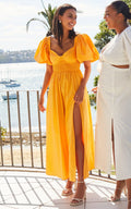 Raiza Midi Dress - Shirred Waist Puff Sleeve Dress in MARIGOLD