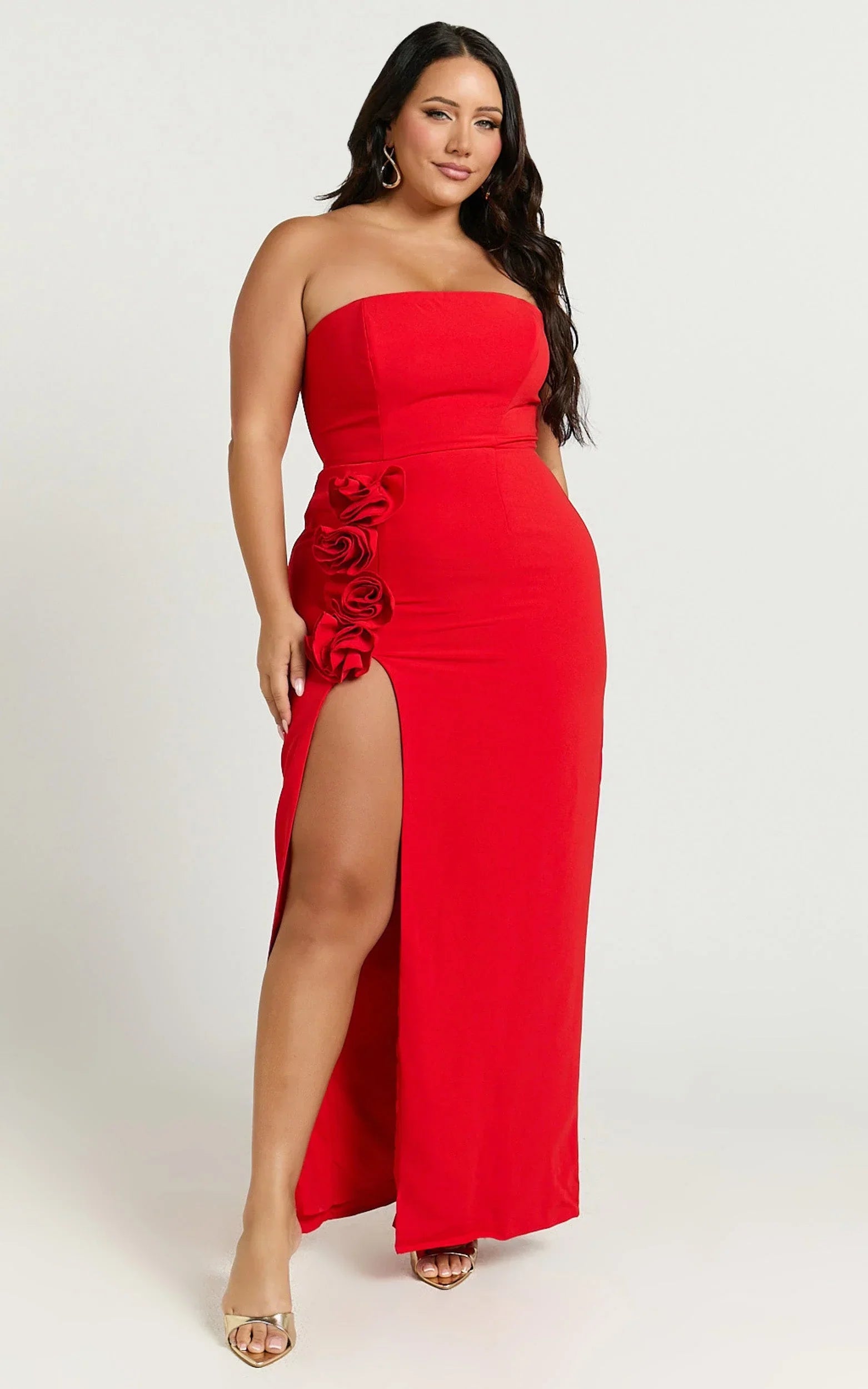 Ebby Maxi Dress - Strapless Rosette Thigh Split Dress in Red