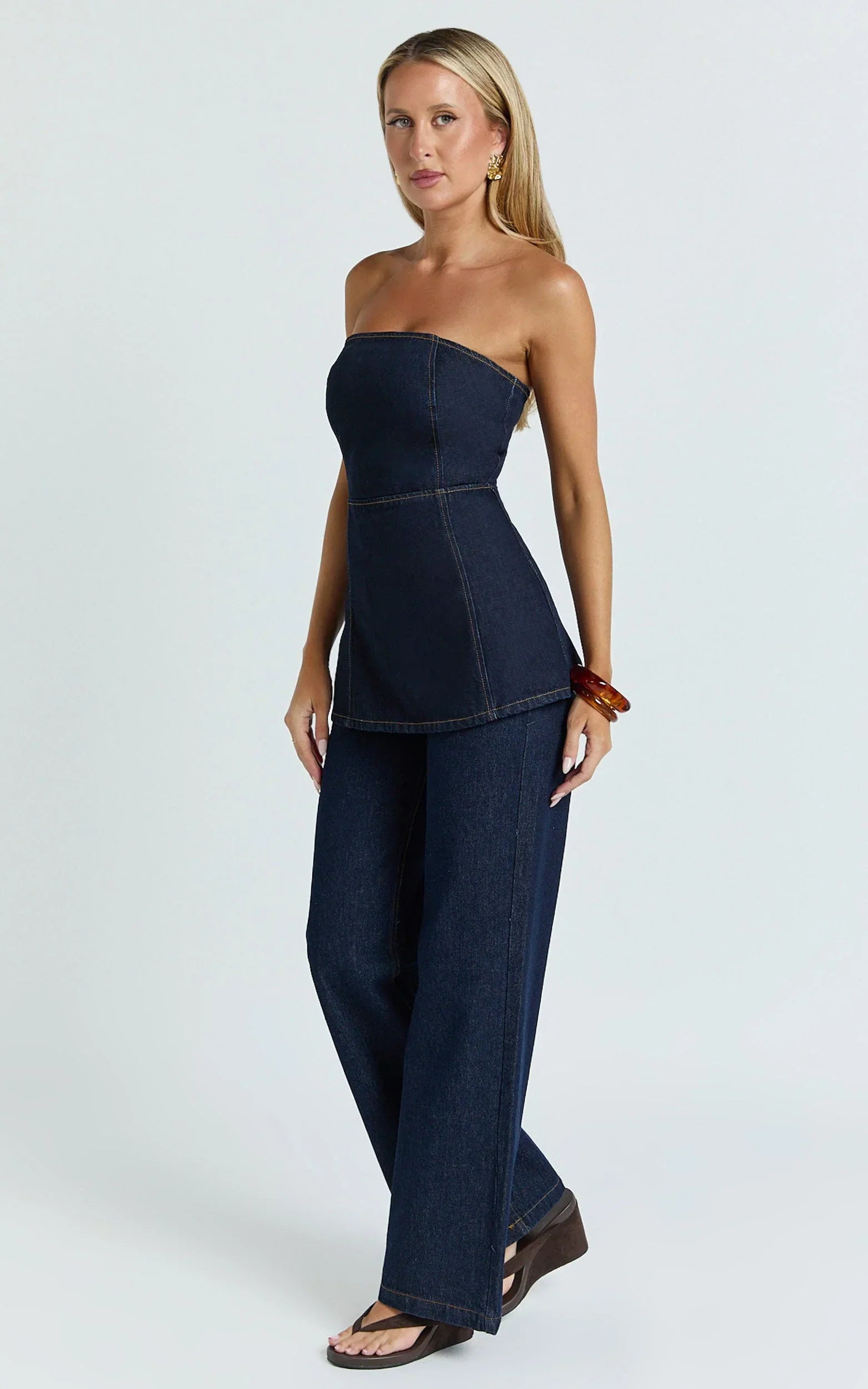 Emman Jeans - High Waisted Cotton Wide Leg Denim Jeans in Raw Denim with Tobacco Stitch