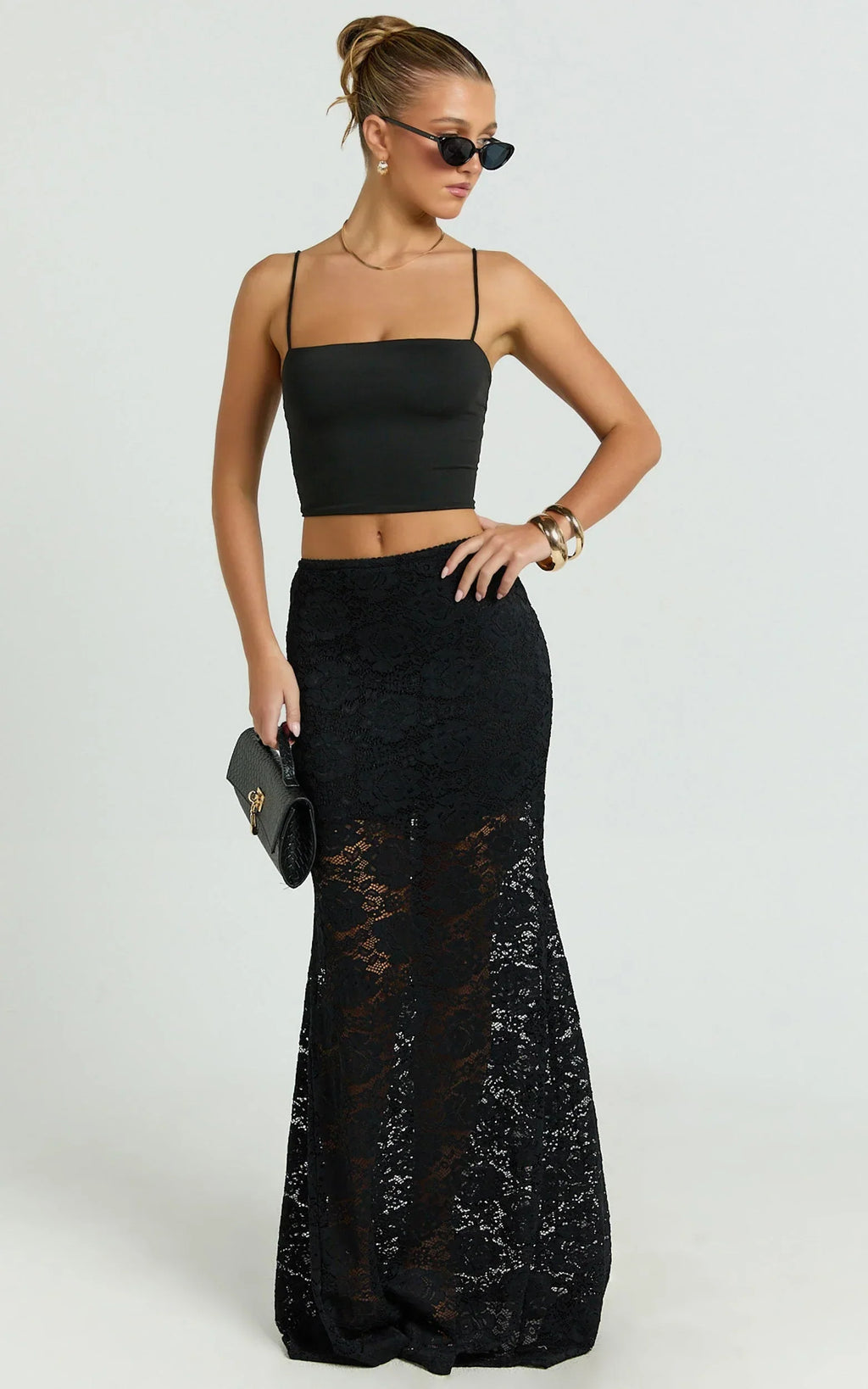 Kamille Maxi Skirt - Lace Mermaid Hem Skirt in Black