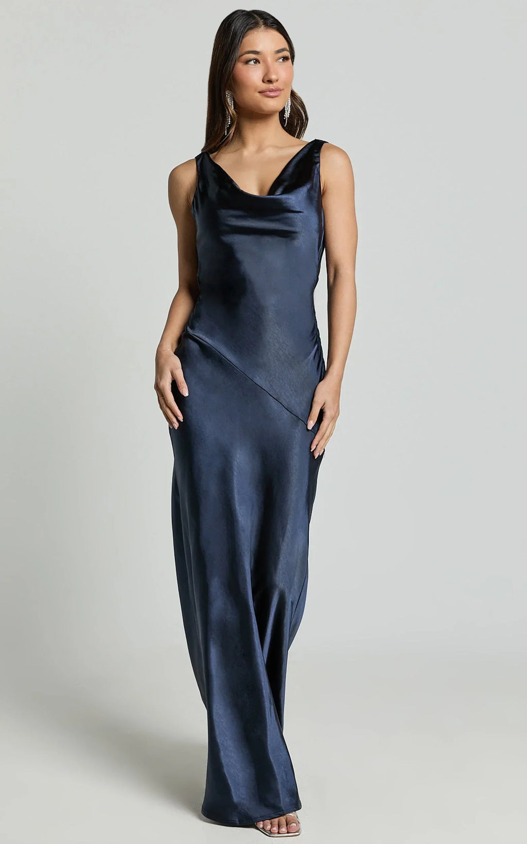 Adilah Maxi Dress - Cowl Neck Satin Dress in Navy