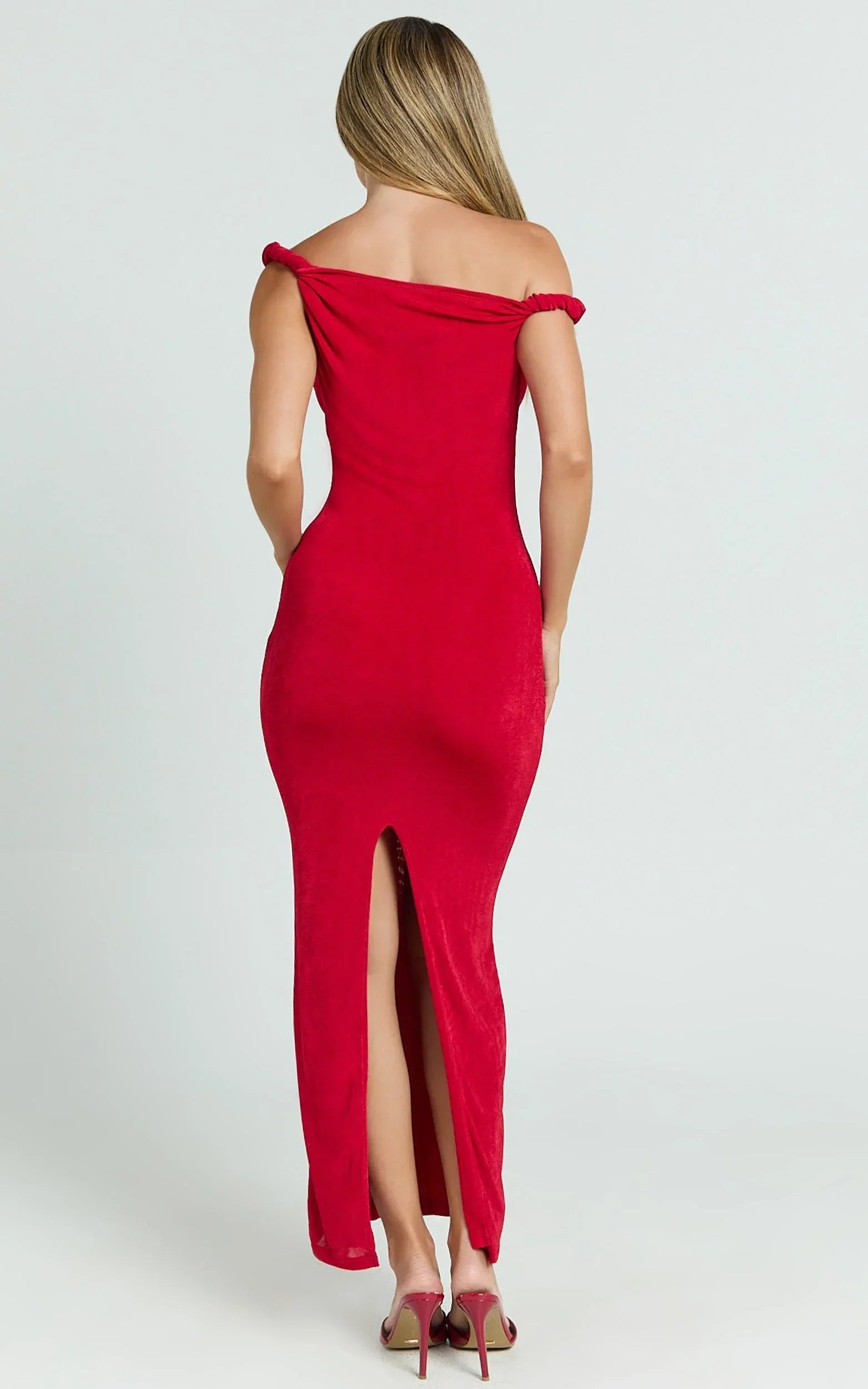 Isabel Midi Dress - Twist Off Shoulder Bodycon Dress in Red