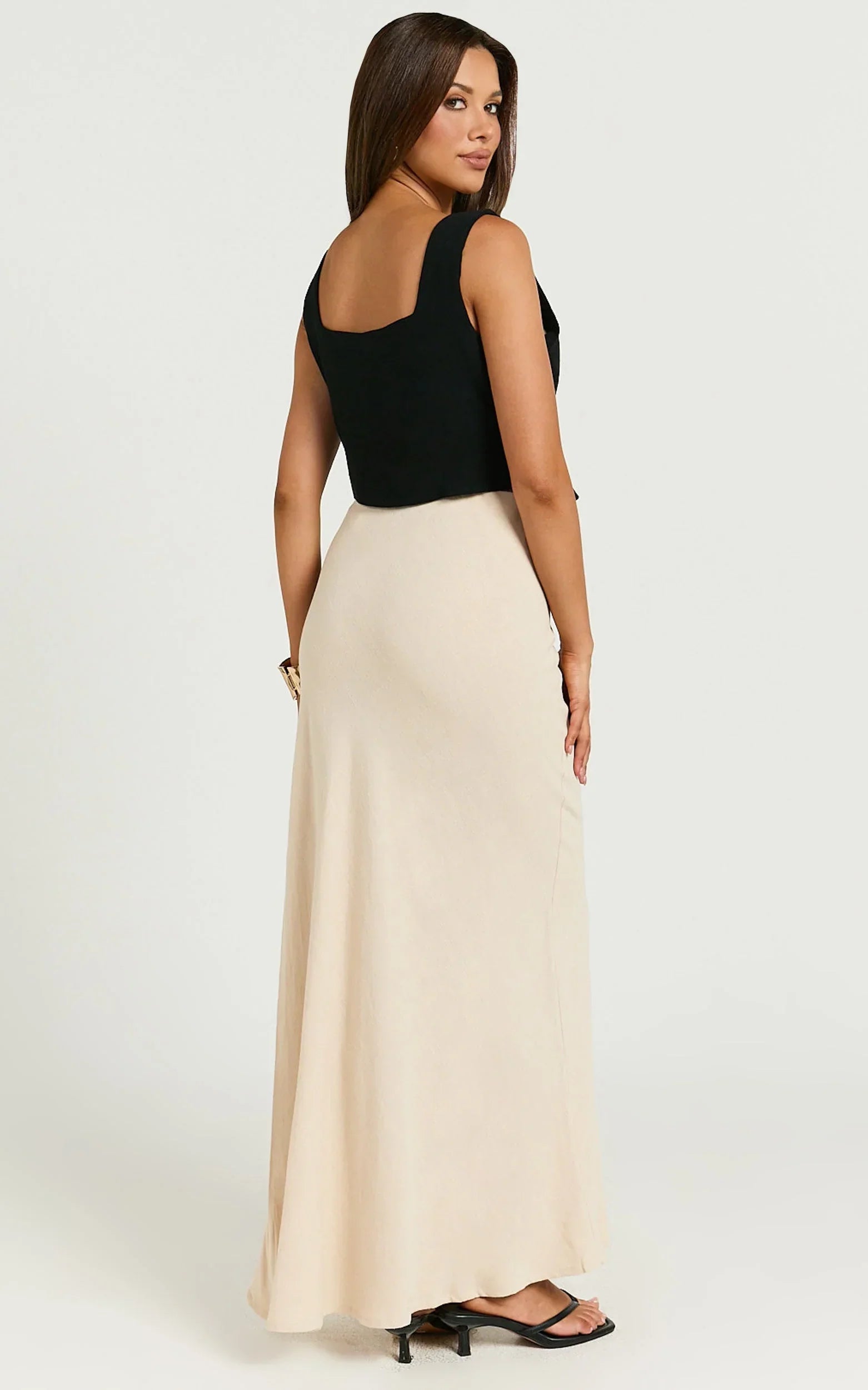 Olivia Maxi Skirt - Mid Waisted Linen Bias Cut Split Skirt in Natural